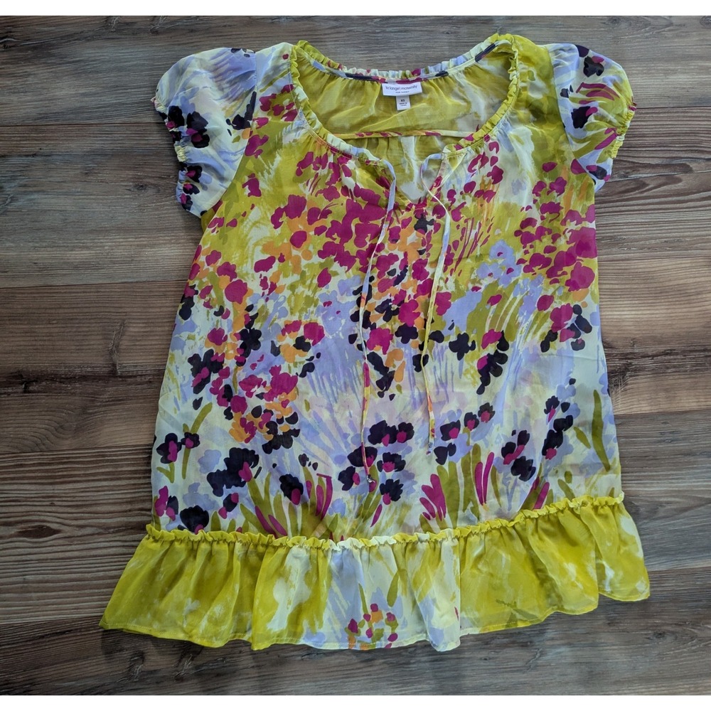 Liz Lange Maternity Target Yellow Floral Chiffon Split Neck Tie Back Blouse XS